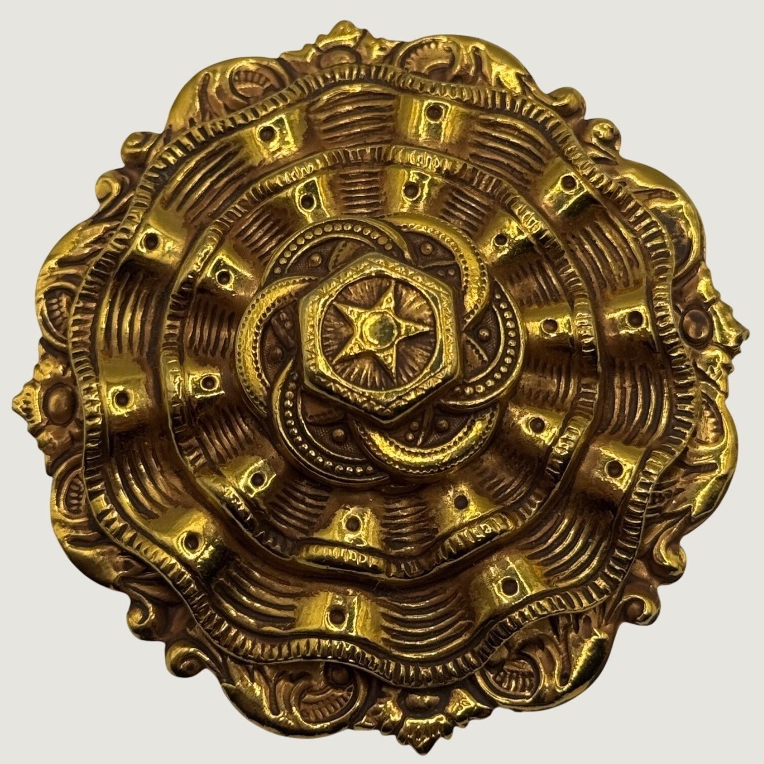 Vintage Victorian Revival Gold Tone Rosette Brooch Pin Flower Star Design