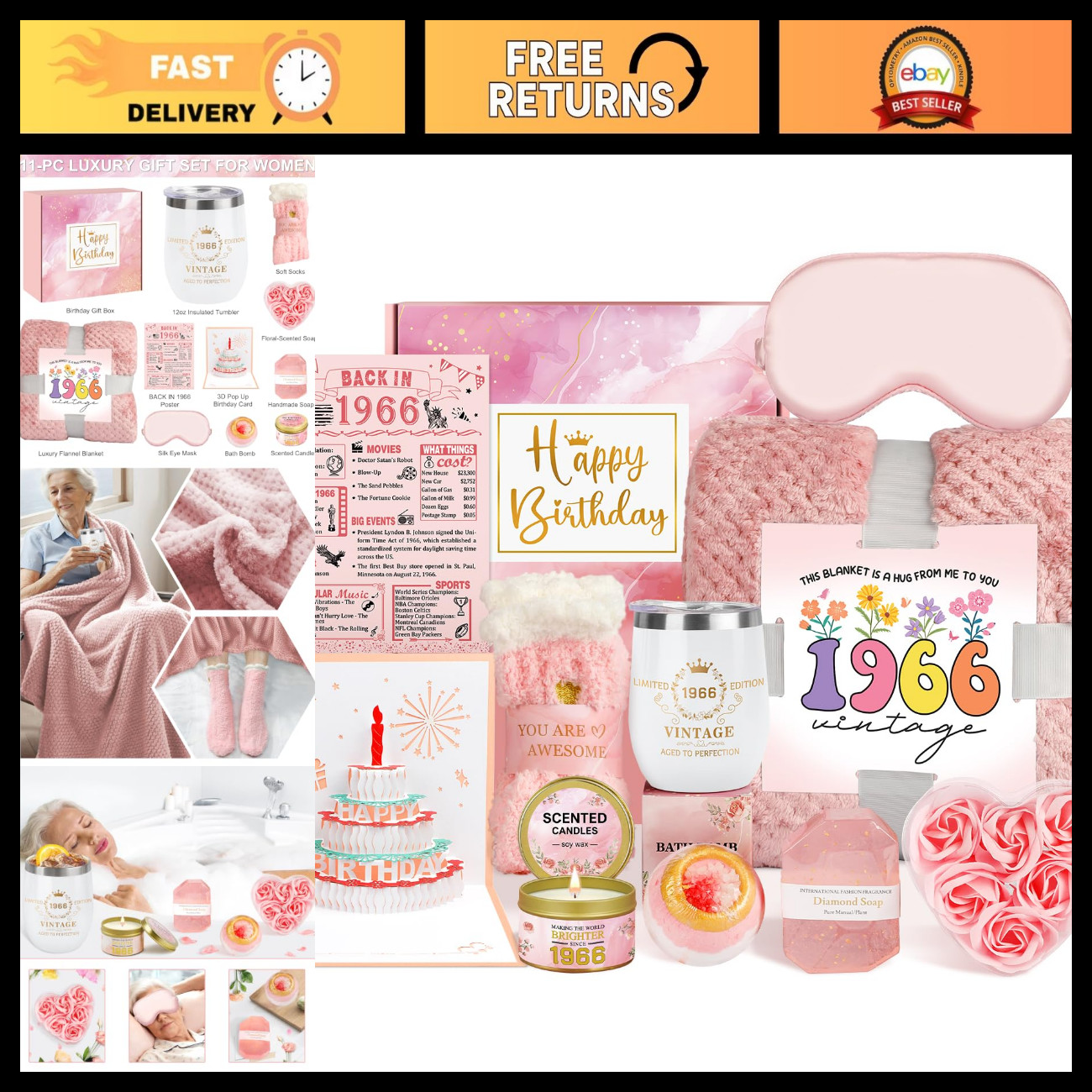 60th Birthday Gifts for Her - Spa Gift Basket & Cozy Blanket, 1966 Vintage Theme