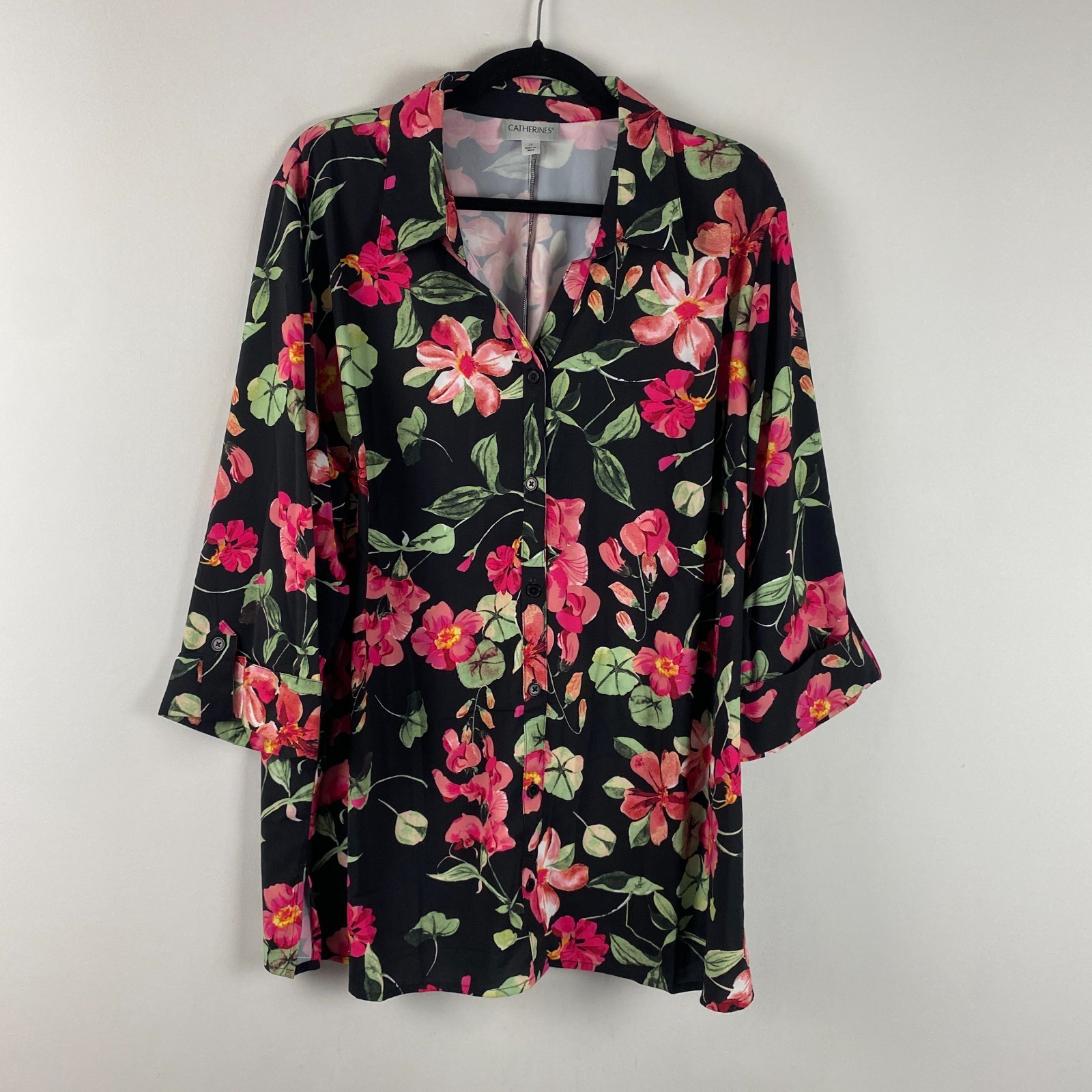 Catherines Black Floral Button Up Shirt Size 2X Stretch 3/4 Sleeves
