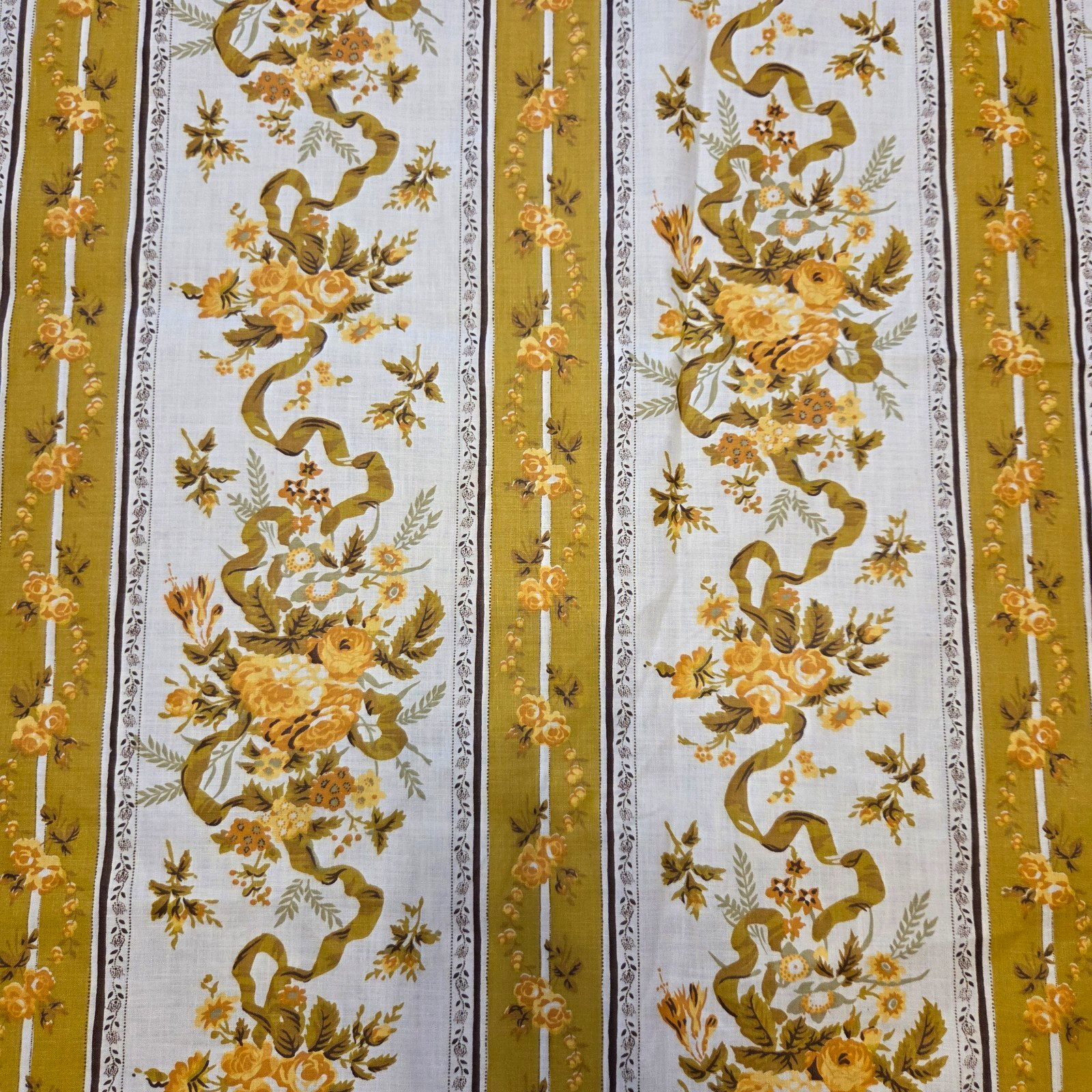 Vintage Floral Ribbon Stripe Fabric Mustard Gold Ivory 3.7 Yards x 45\