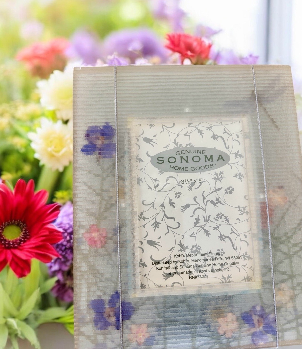 VTG Frosted Glass Picture Frame Flowers, Dragonfly 3.5x5 Photo Retro/Boho Sonoma