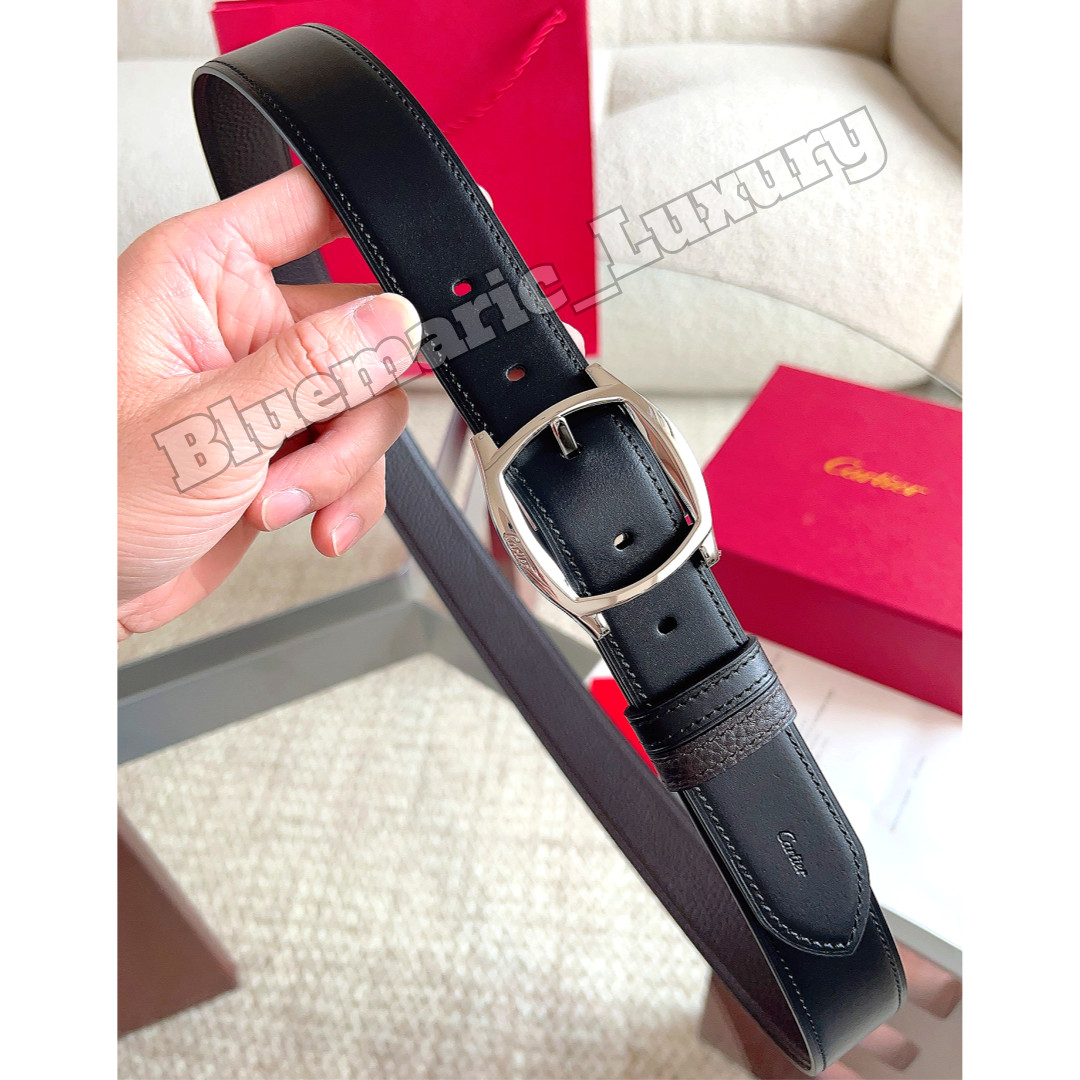 CARTIER Luxury Reversible Leather Belt Black Brown Iconic Silver Buckle Men\'s