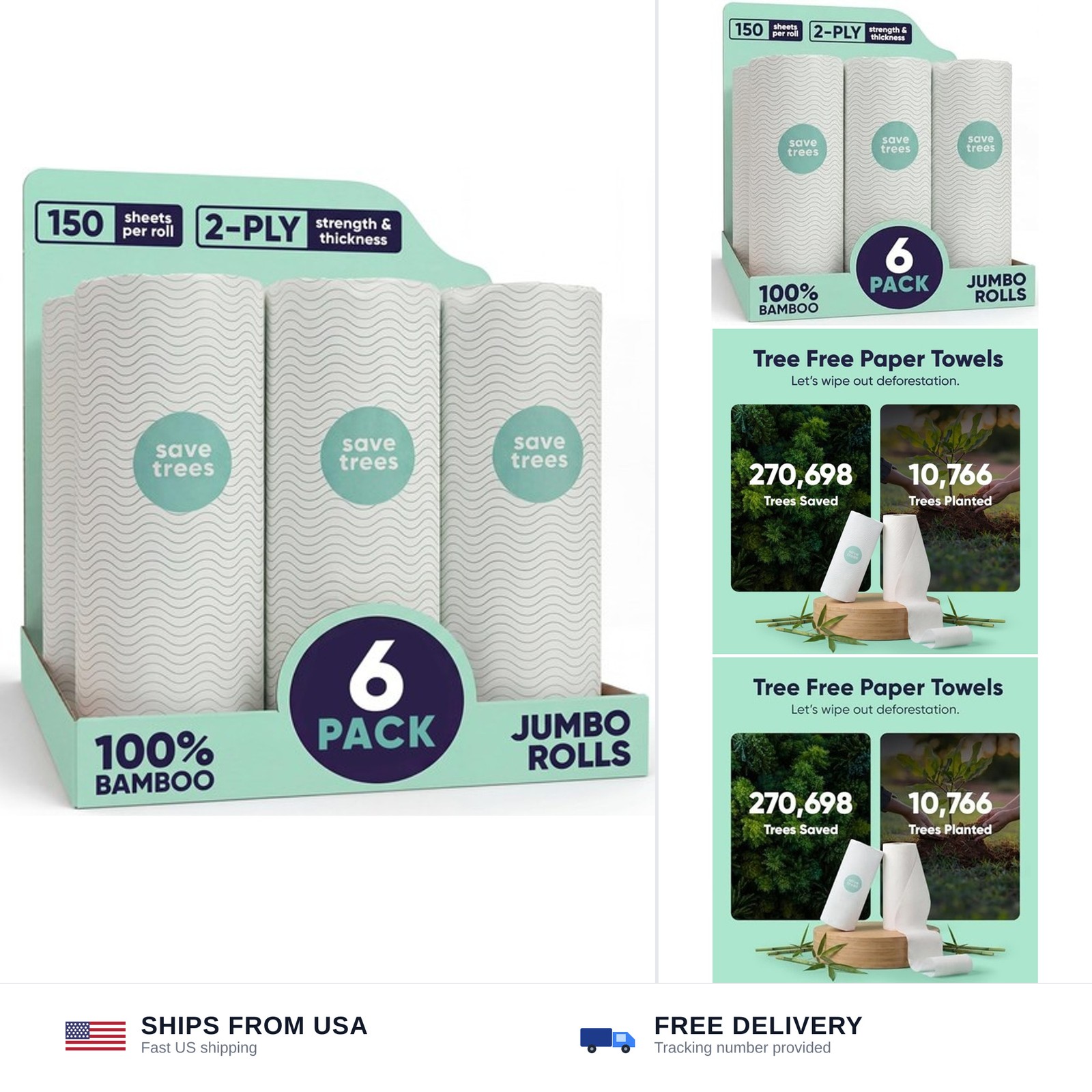 Save Trees Bamboo Paper Towels 6pk - 750 Sheets Paper Towels Rolls Ultra Abso...