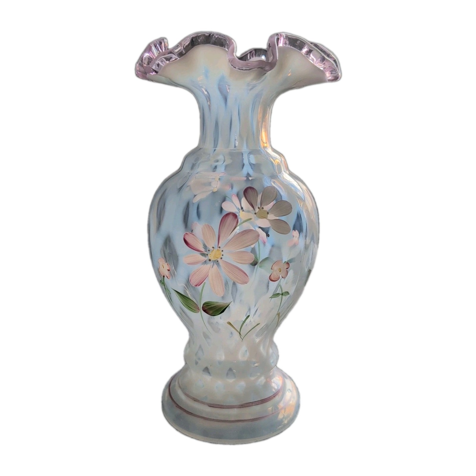 Fenton Opalescent Diamond Lattice Floral Vase Ruffled Swirl Hand Painted 8 1/2”