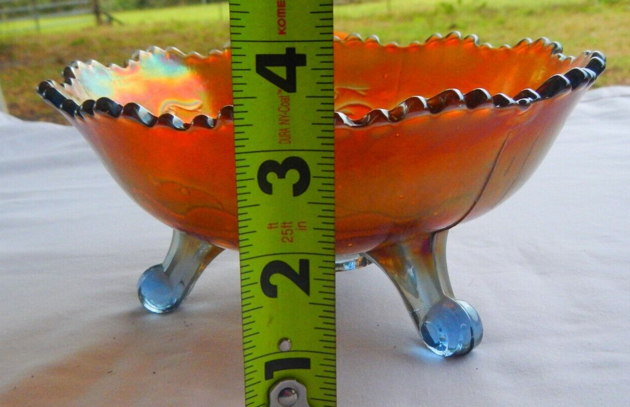 Antique FENTON Carnival Glass GRAPE & CABLE Ball Footed Bowl POWDER Aqua BLUE