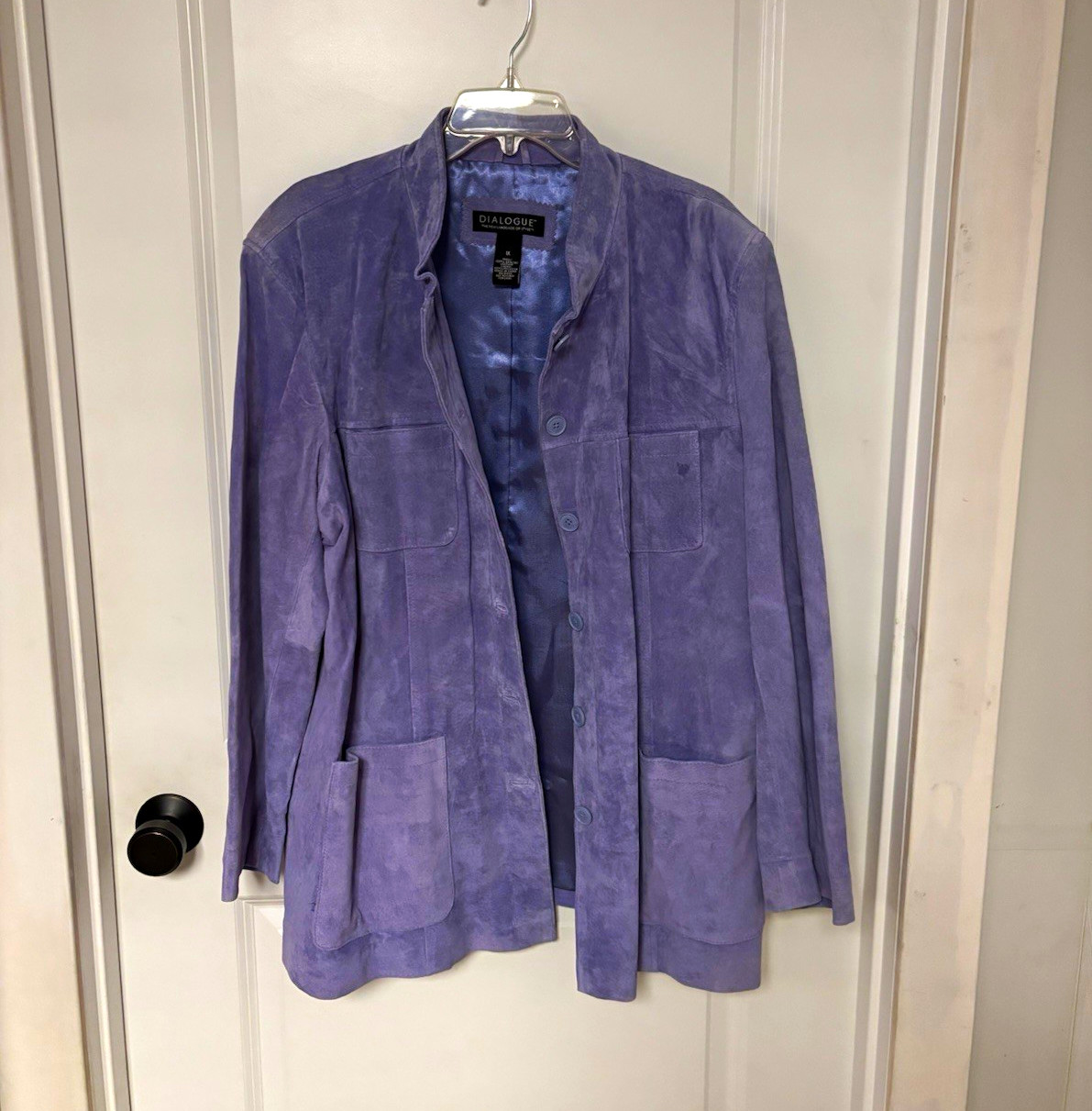 Dialogue Women’s Purple Leather Jacket Button-Front Collared w/ Pockets Plus 1X