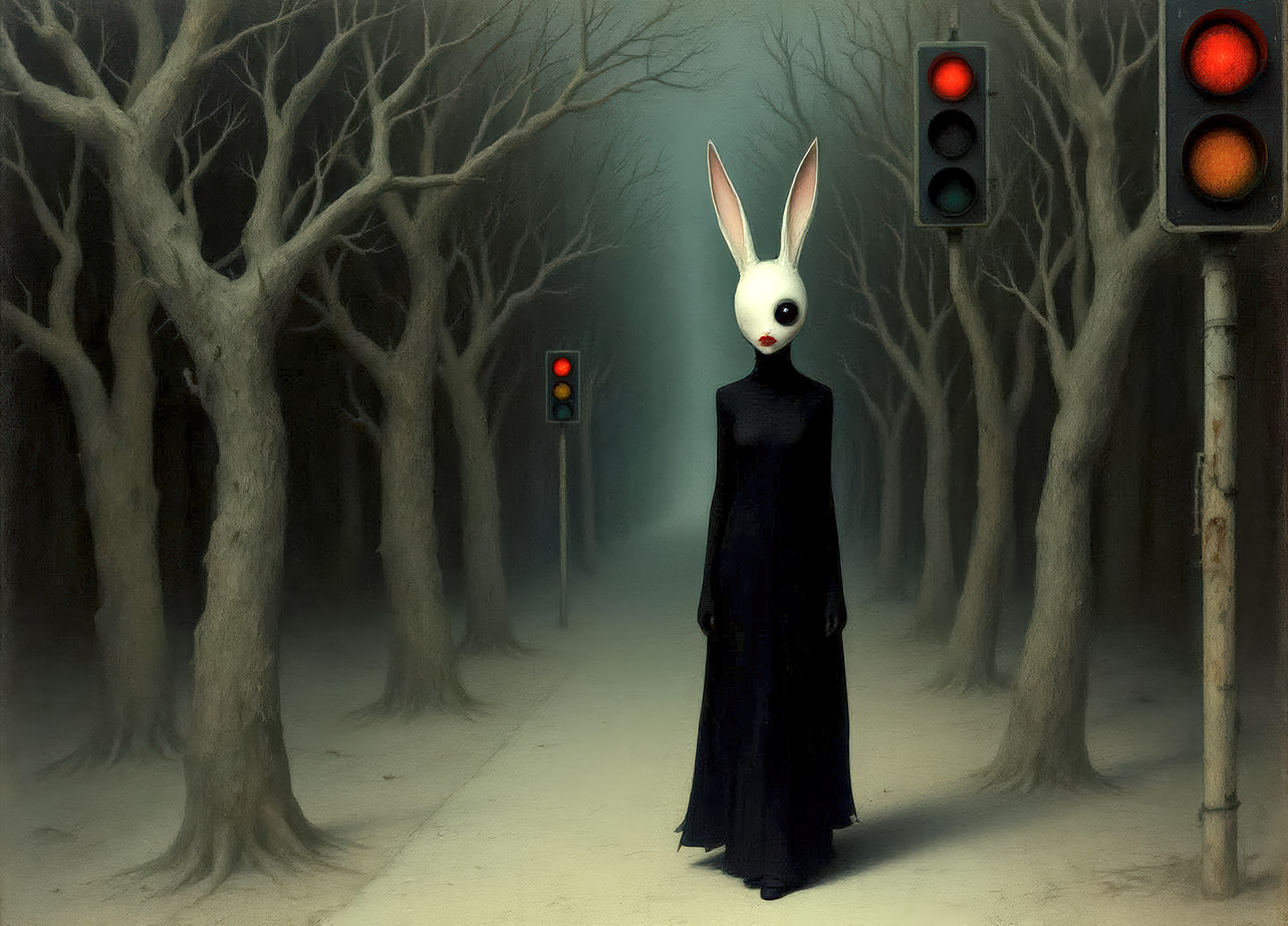 \'restrictions apply\' e9Art AI ACEO Rabbit Traffic Lights Forest Surrealism ATC
