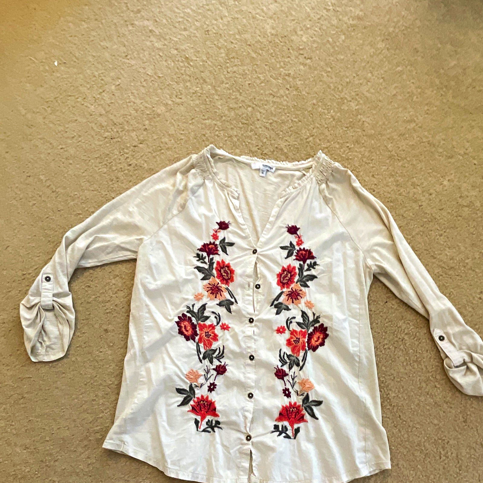 Women’s White Floral Embroidered Woven Cotton V-Neck 3/4 Sleeve Blouse M