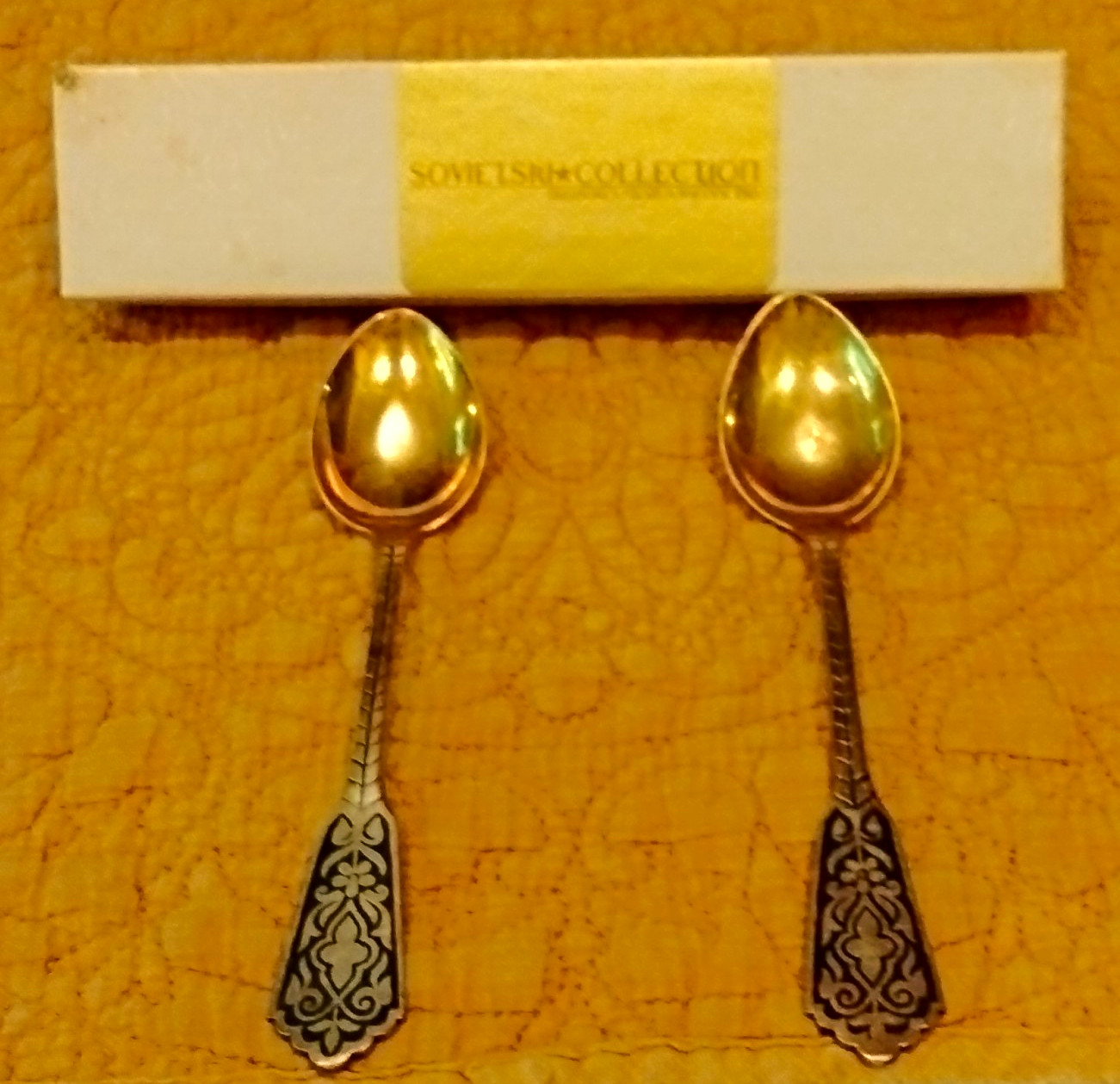 Vintage Soviet Russian 875 Silver Niello Vermeil Teaspoons Spoons Pair 2pc Star
