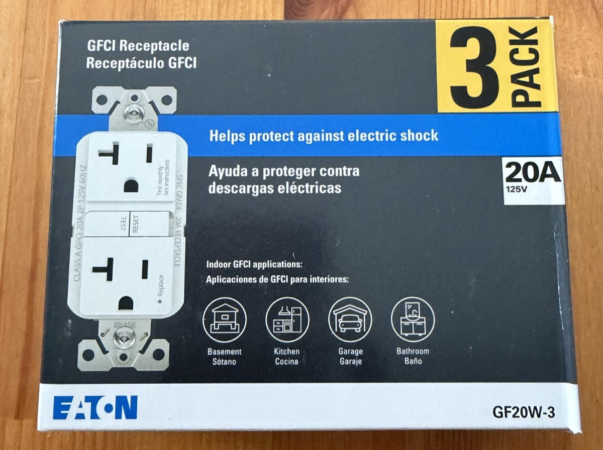 NEW Eaton GF20W 3 PACK White GFCI Decorator Outlet Receptacle 20A 125V, Lot of 3