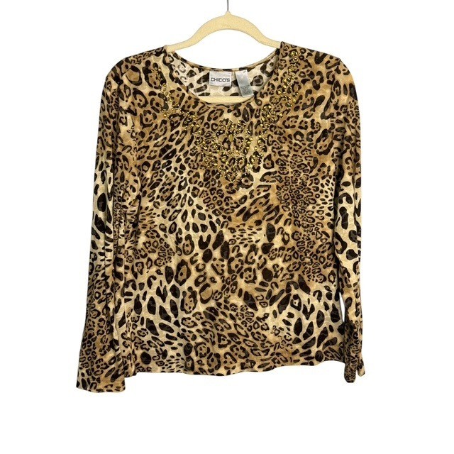 Chico\'s Women\'s Brown Leopard Embellished Long Sleeve Top Size Large Chicos 2 Chico\'s Women\'s Brown Leopard Embellished Long Sleeve Top Size Large Chicos 2