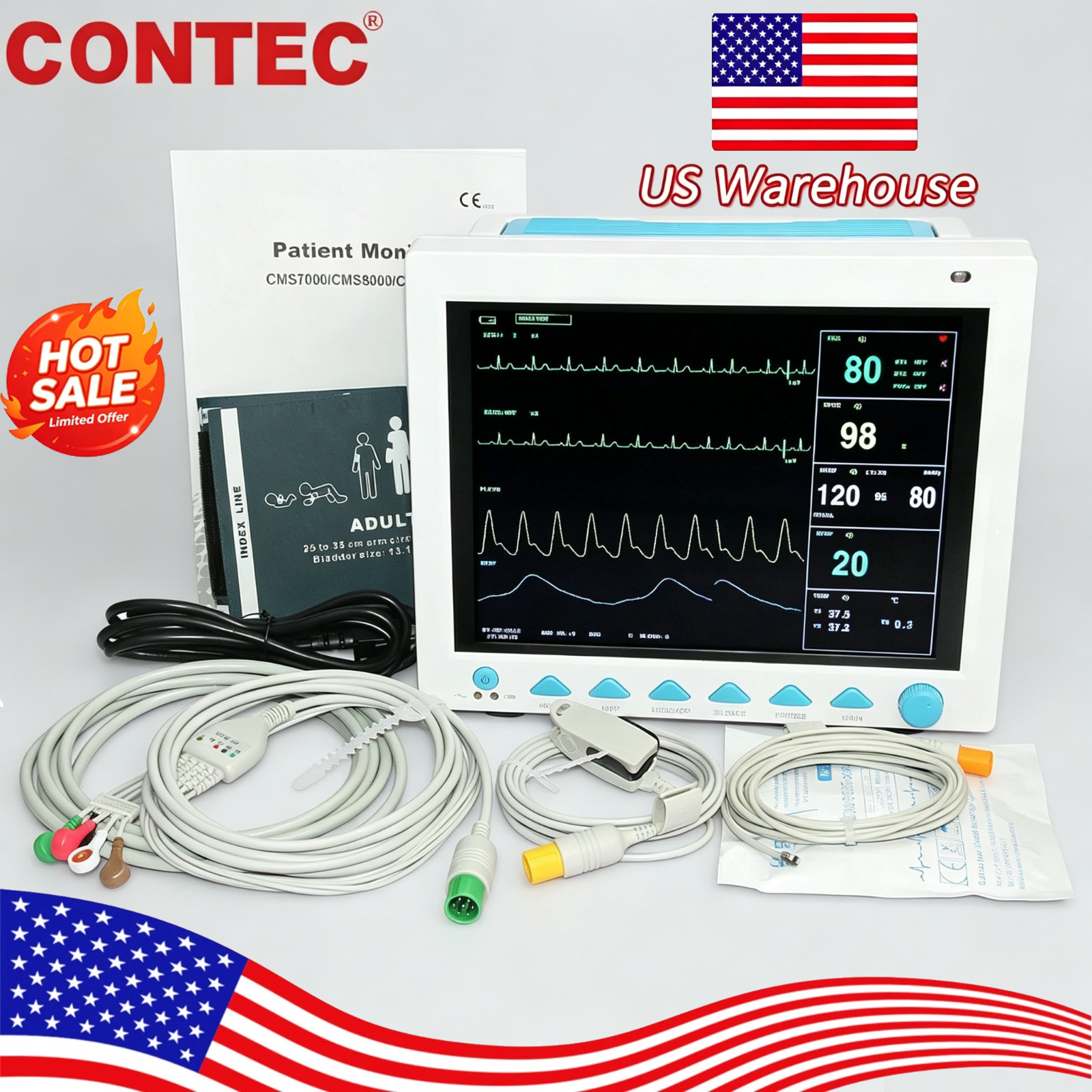 Ship From USA CONTEC CMS8000 12.1-Inch 6 Parameter Patient Monitor Vital Sign