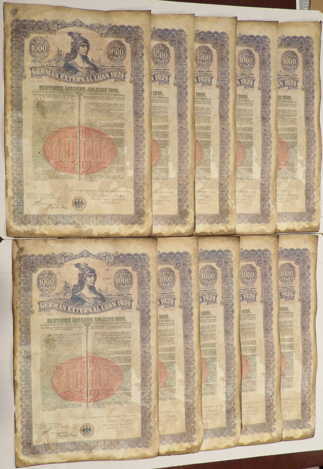 10x 1924 War Bond German External Loan 7% Gold Bond $1000 AS IS 100 Yr Ann GIFT