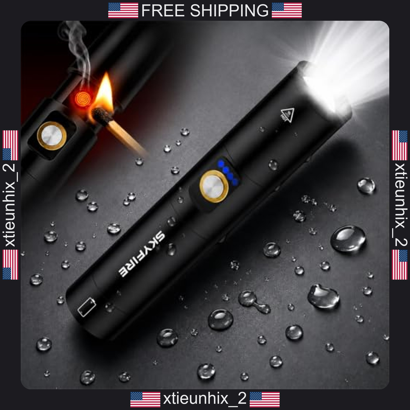 Rechargeable LED Flashlight with Electric Lighter, 3000 Lumens, USB-C