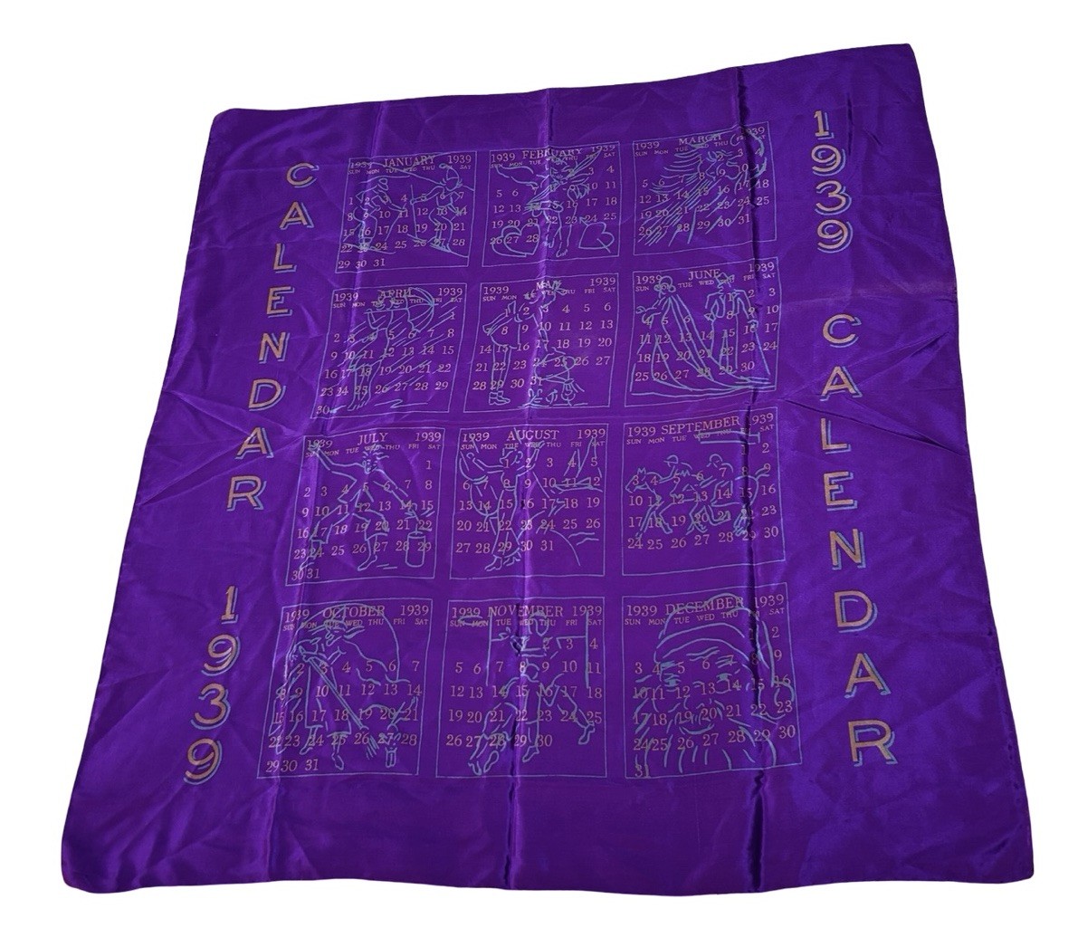 VTG 1939 Calendar Satin Scarf 26” Purple Monthly Holidays Graphic Print Motif