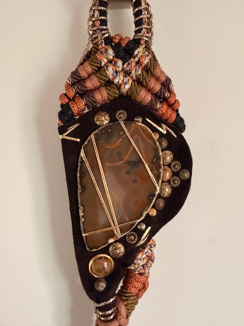 Vintage Janet Designs Guatemala Macrame Wall Hanging Agate Stone Fiber Art Boho