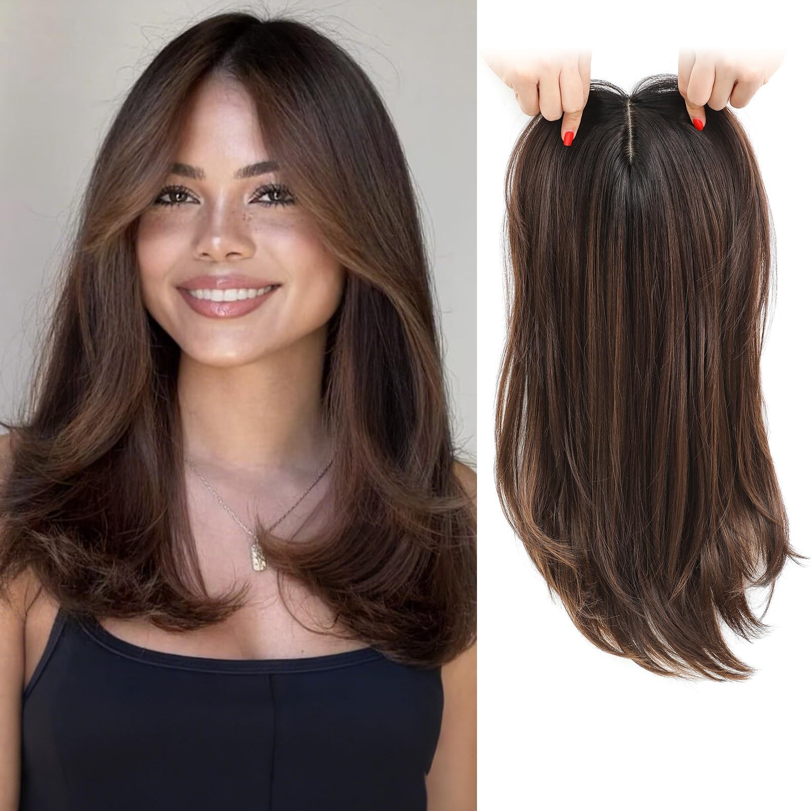 Dark Brown Chestnut Brown Highlight Long Straight 16in Women Premium Hair Topper