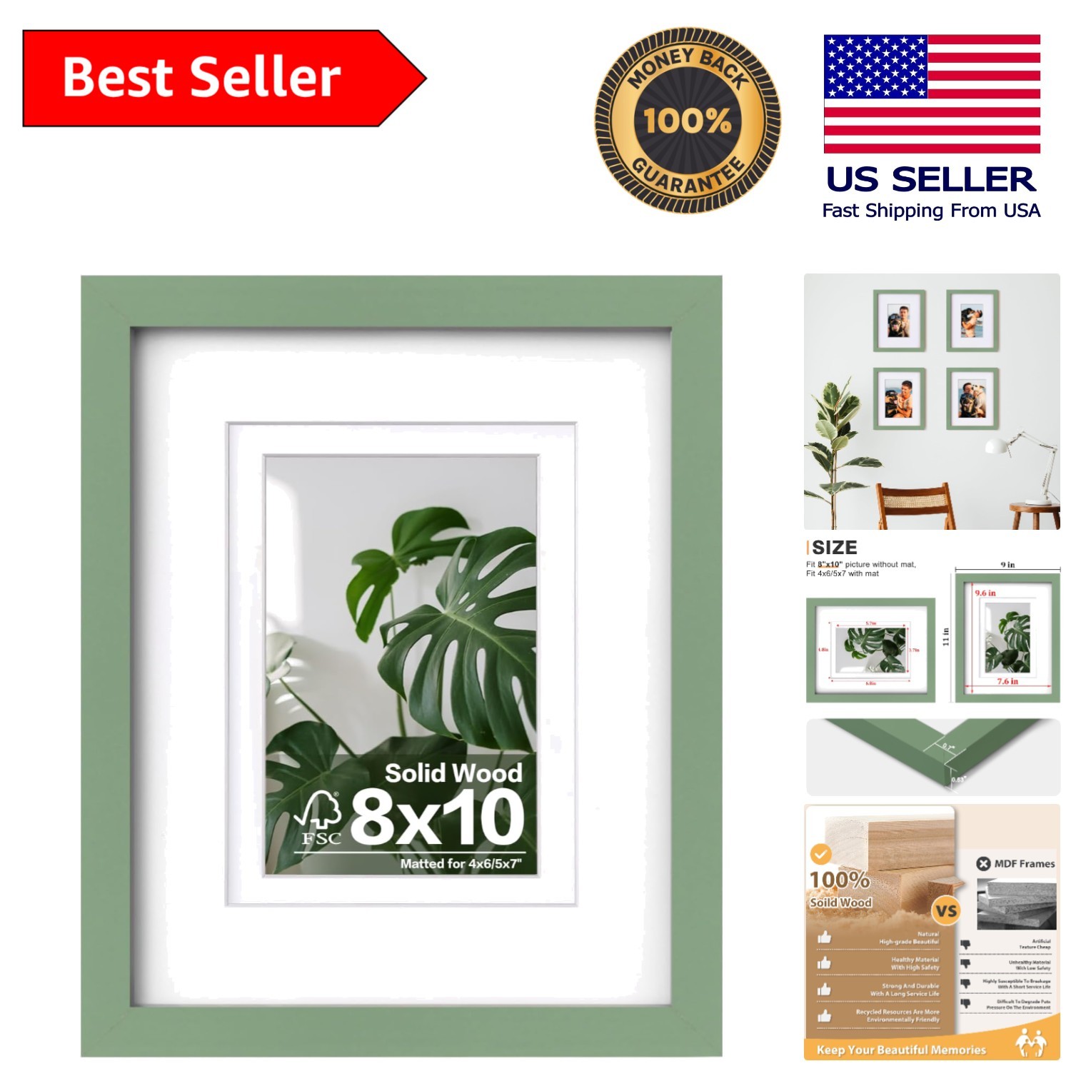 Timeless 8x10 Green Picture Frame with Plexiglass Cover - Mount or Stand