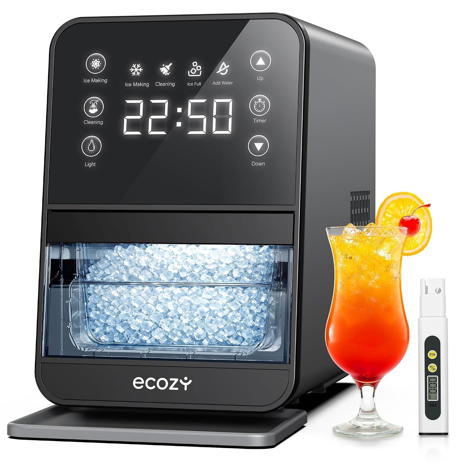 Nugget Ice Maker Countertop 40Lbs/24H Pebble Ice Machine TDS Meter Self-Cleaning