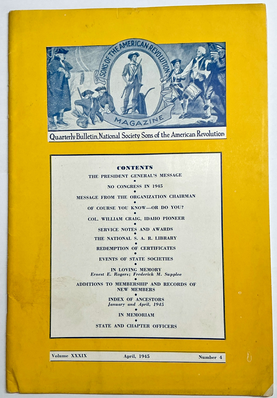 1945 Sons of American Revolution Magazine SAR Vol 39 No 4 WWII Congress Canceled