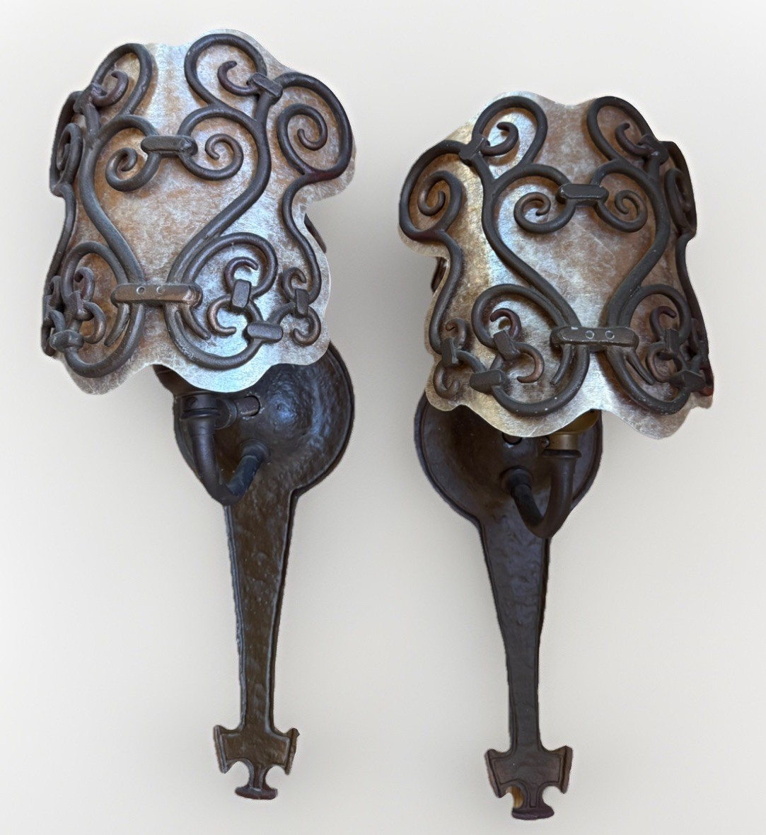 Pair Antique Spanish Revival 1920 Wall Sconce Mica Shades From San Francisco 