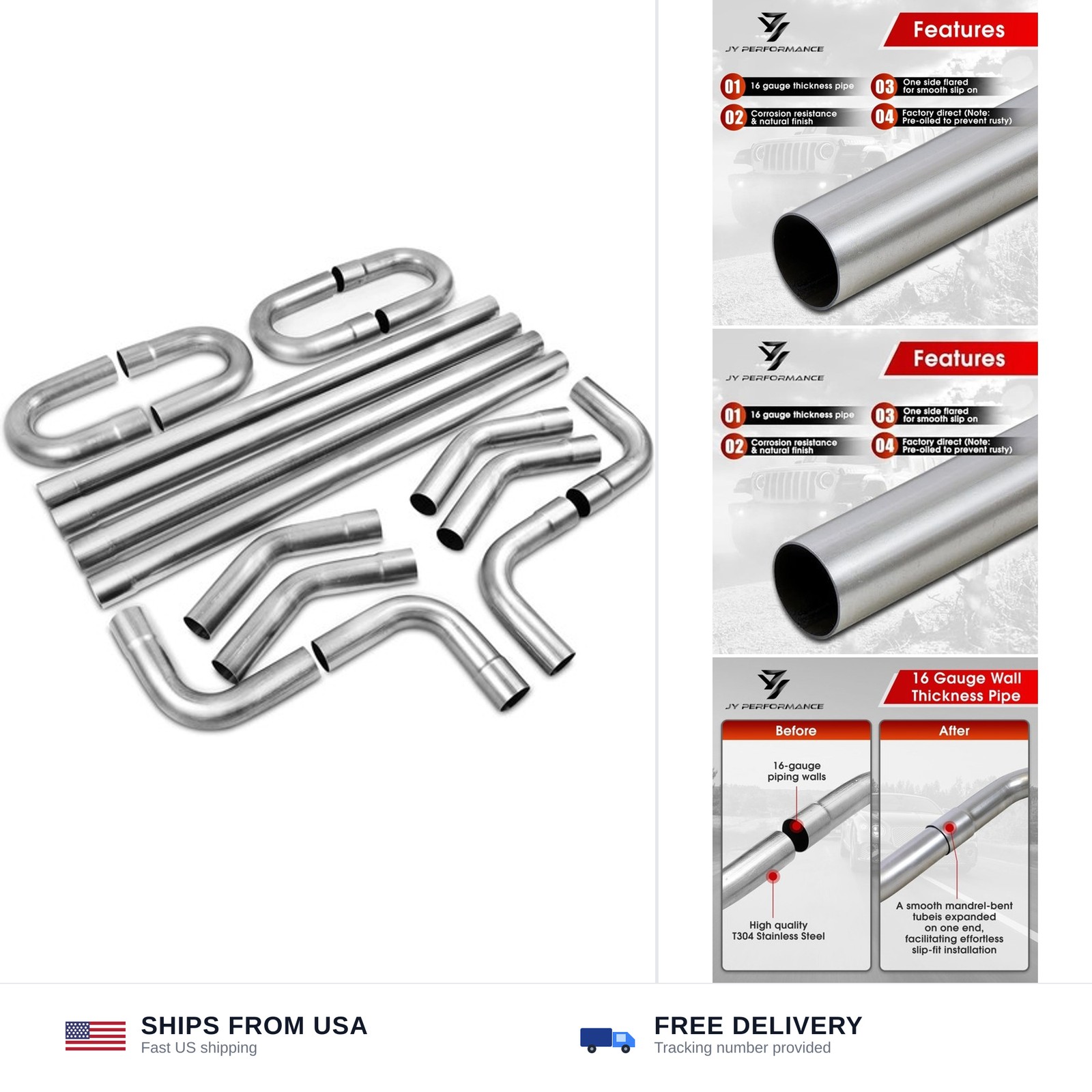 2.5 Inch T304 Stainless Steel Exhaust Pipe Kit, 2.5'' OD, 16PCS 2.5 Inch T304 Stainless Steel Exhaust Pipe Kit, 2.5'' OD, 16PCS