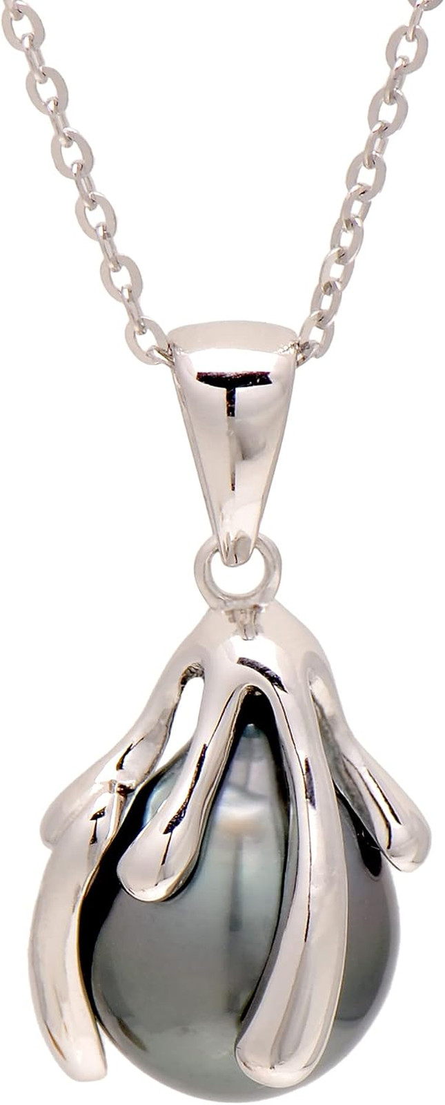 925 Sterling Silver Artistic Wrapping Cultured Tahitian Black Pearl Pendant Nec