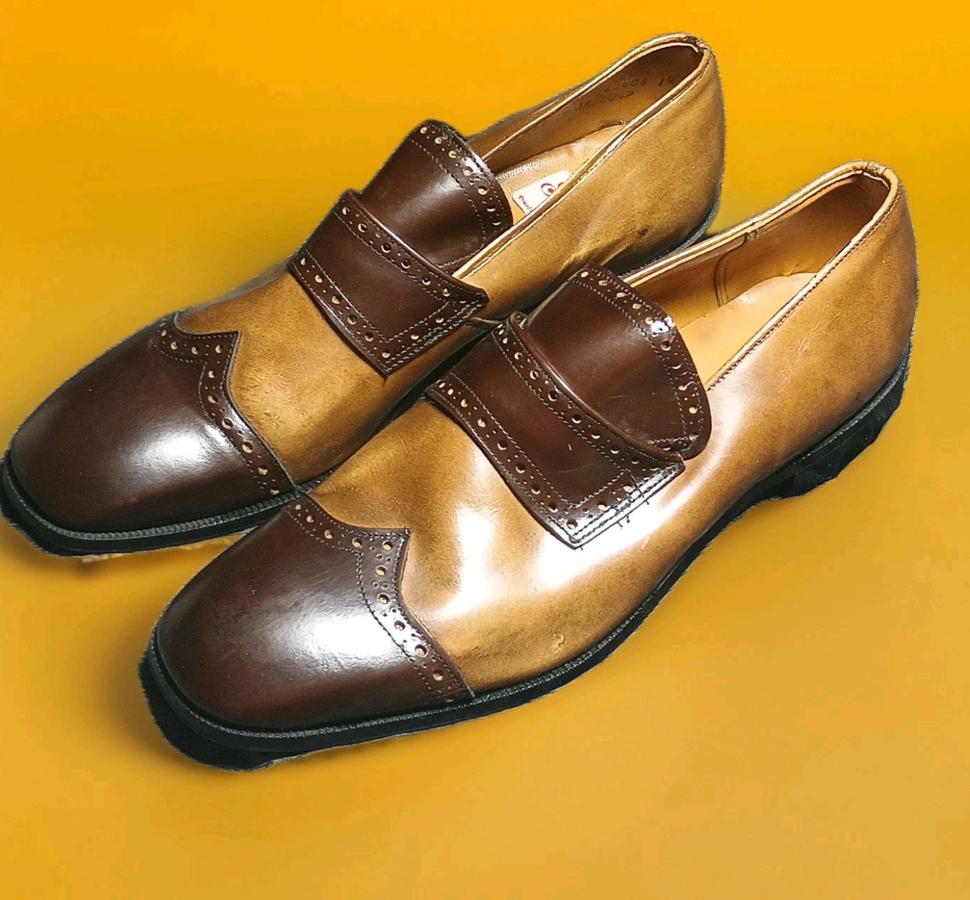 UNWORN Vtg Sandy McGee Spectator Monk Strap Shoes Brown Tan 11.5-12 NOS 1960s