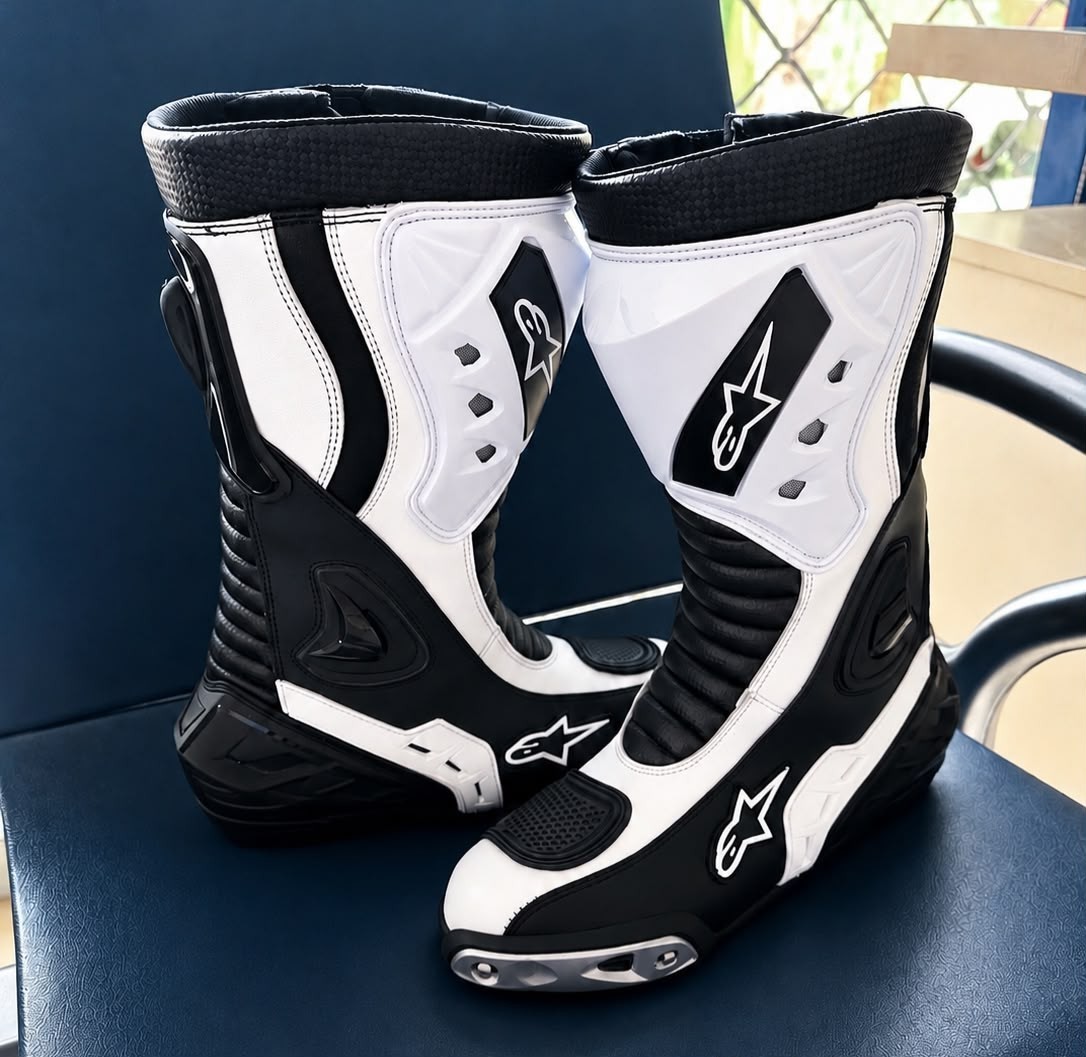 Men's Black White Motorcycle Racing Boots Leather Sport Protective Riding Boots