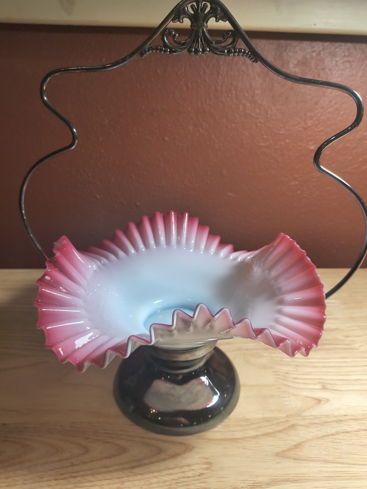 Antique Victorian Brides Basket Pink White Ruffled Cased Glass Bowl Bridal