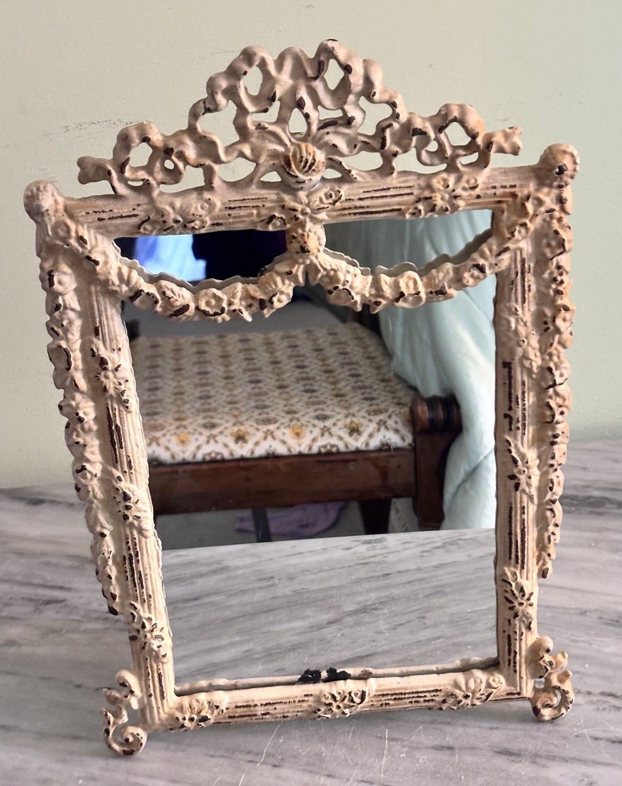 Vintage Style Cast Iron Ornate Vanity Mirror Cream Victorian Rococo Easel Back