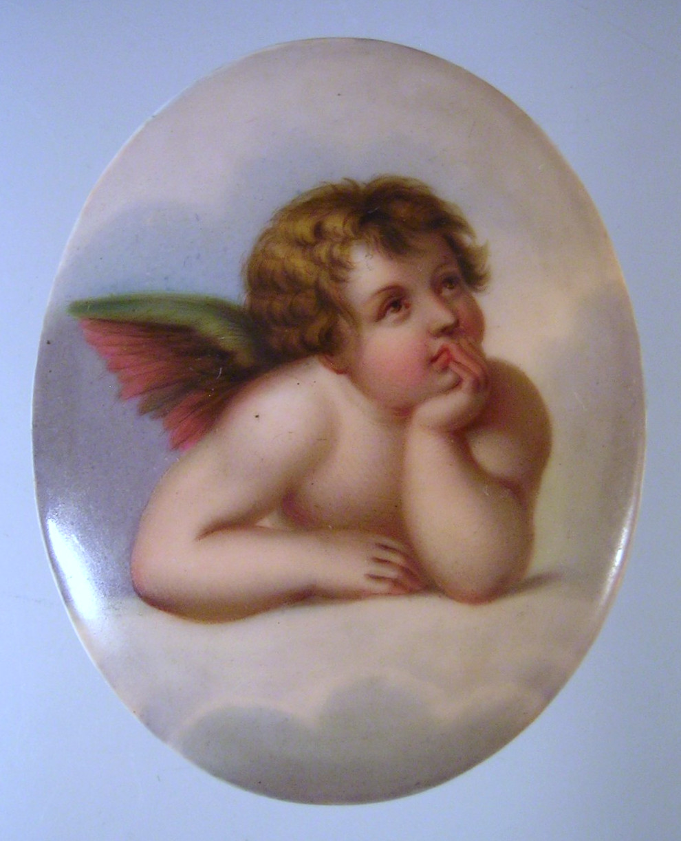 Antique KPM Style Porcelain Cherub Plaque Hand Painted