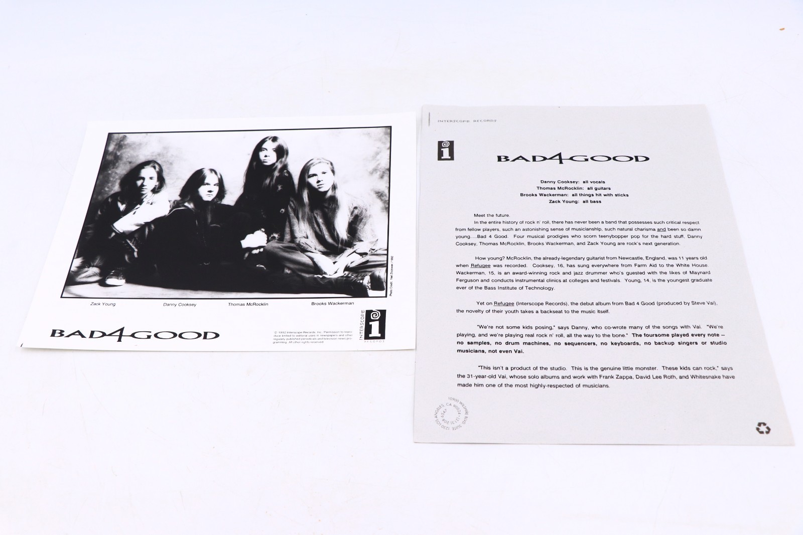 Vintage 1992 Band Bad4Good 8x10 Promo Photo Bio Interscope Refugee