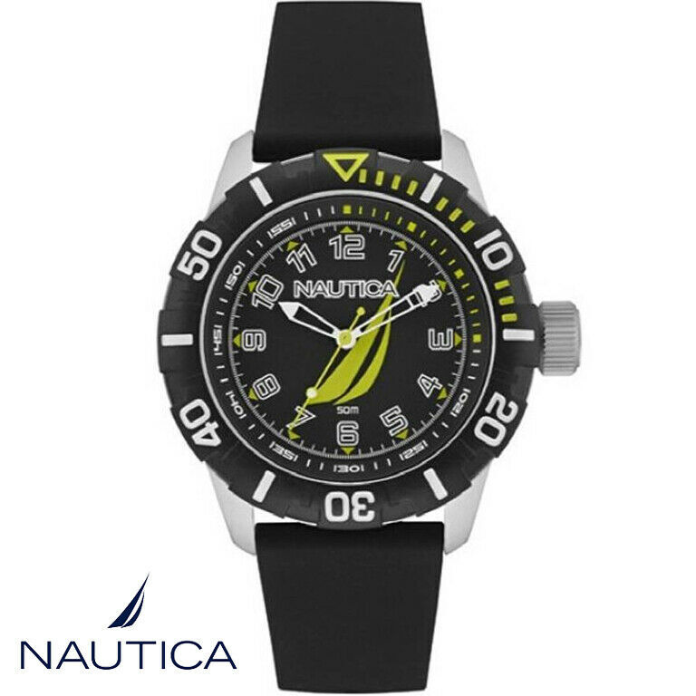 Nautica NAI08513G NSR 100 silver black Silicone Men\'s Watch NEW