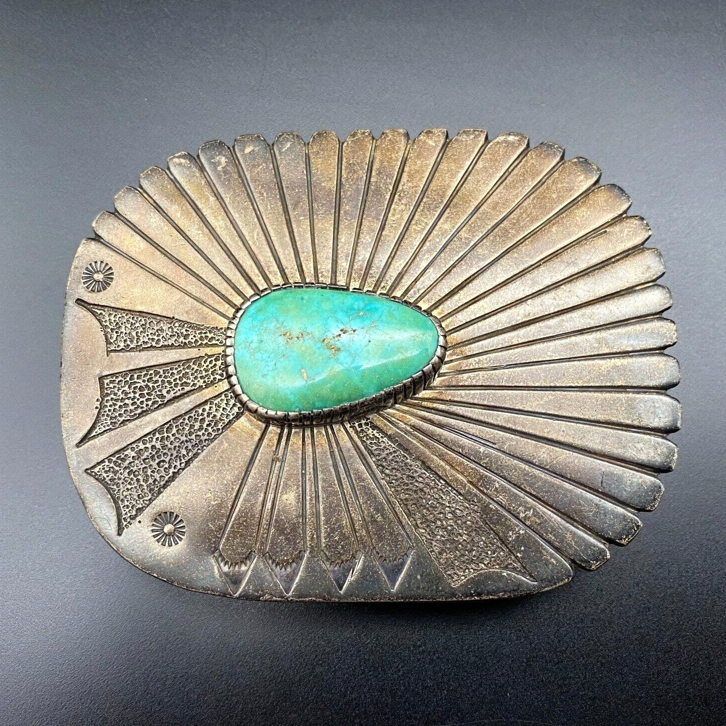 Vintage Navajo David Tune Turquoise Stampwork Silver Belt Buckle 1-7/8\