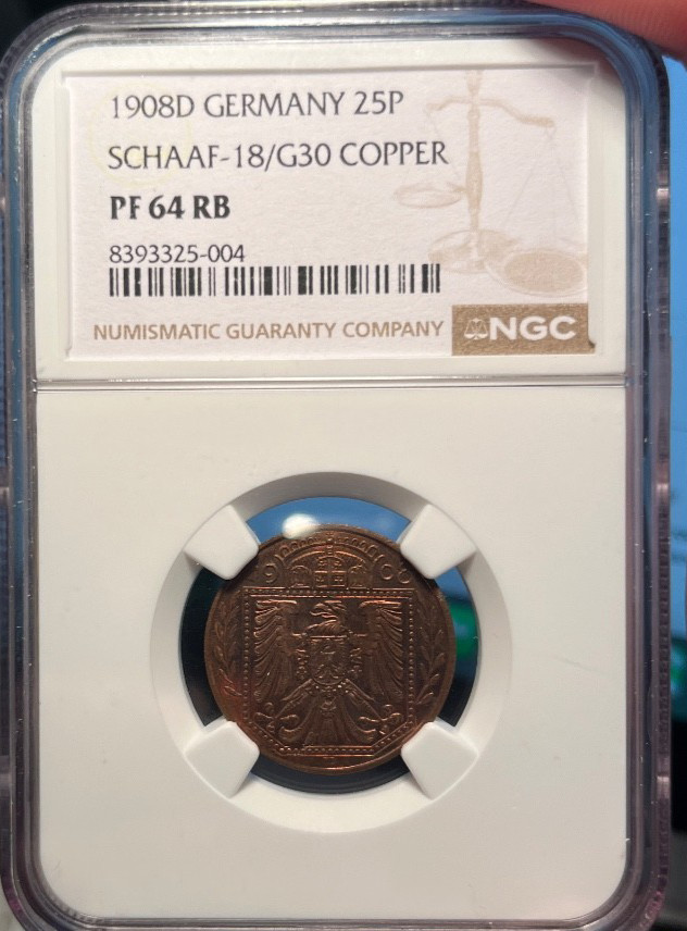 1908-D Germany 25 Pfennig   Scaaf # 18/G30  NGC PROOF-64 RB     Freshly Graded