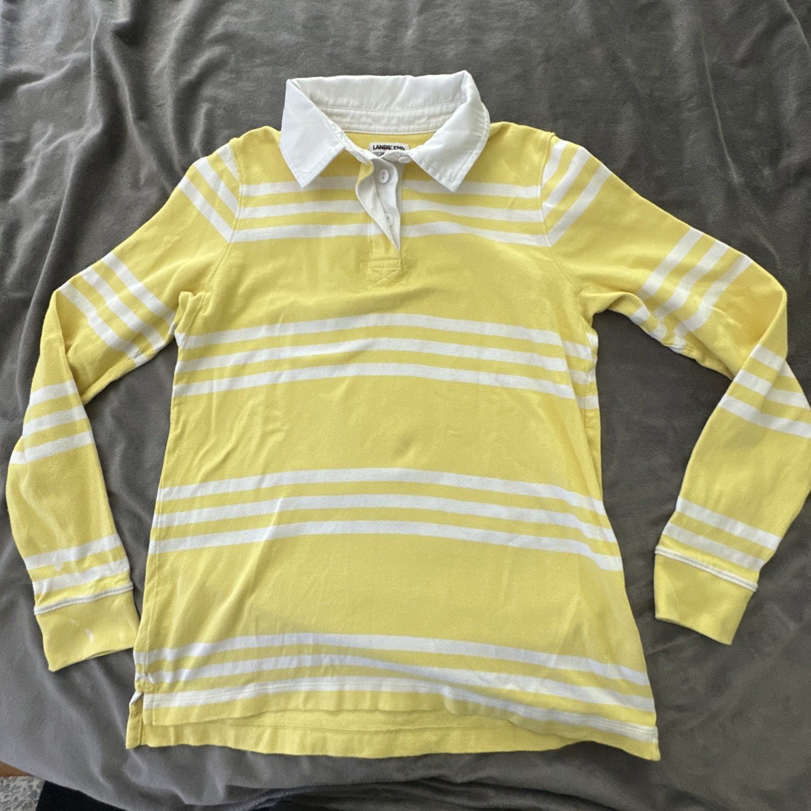 Vintage Lands End Rugby Boys Small 6-8 Yellow Striped Long Sleeve Retro Preppy Vintage Lands End Rugby Boys Small 6-8 Yellow Striped Long Sleeve Retro Preppy