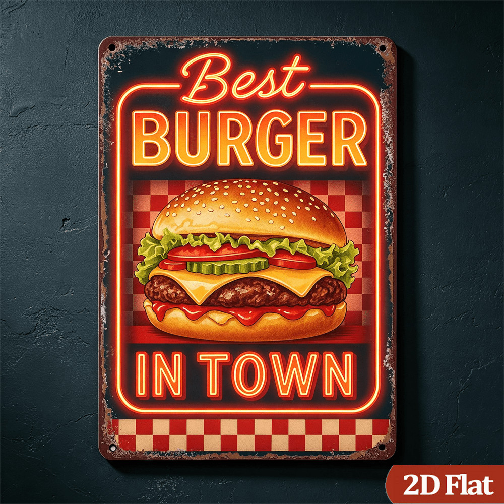 Vintage Metal Sign Best Burger In Town Retro Diner Food Rustic Wall Decoration