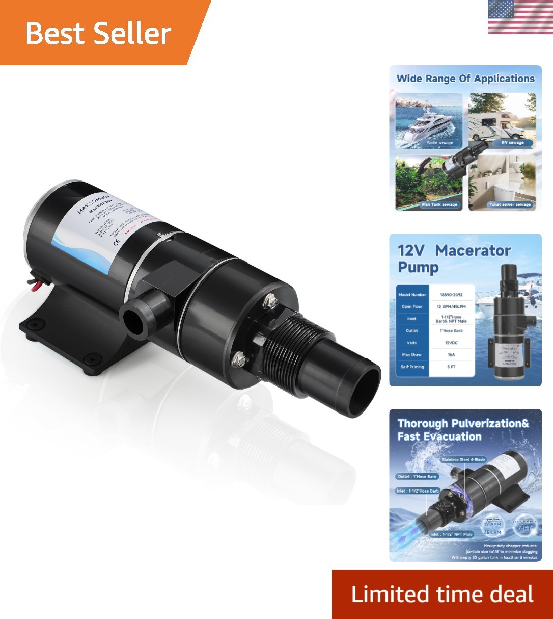Macerator Pump for Jabsco 18590-2092, 12V 12GPM, Self Priming Macerator Waste