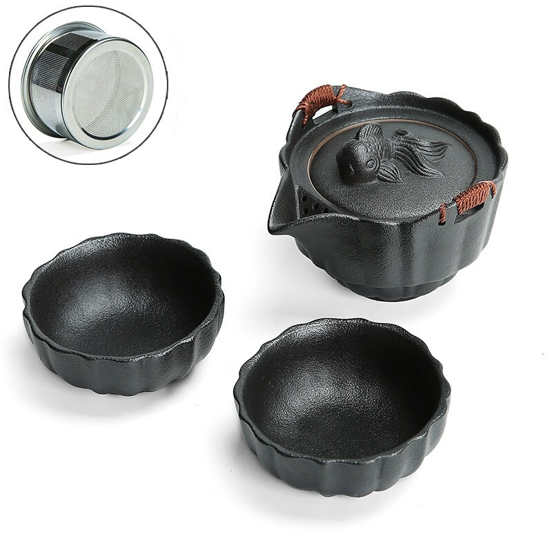 Portable Tea Set For Travel Ruyao Geyao Craft Golden Fish Relief Tea Pot Cups