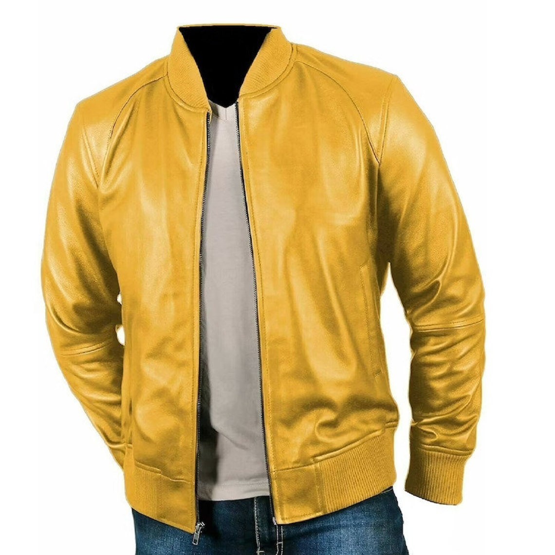 Men's Causal Wear Biker Stylish Yellow Real Leather Jacket - ALL BIG SIZES