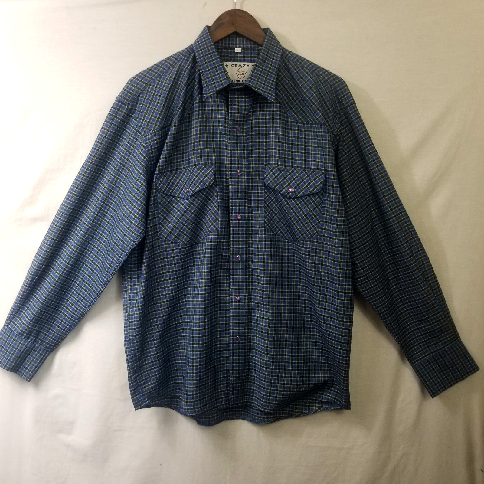 Crazy Cowboy Blue Western Rodeo Plaid Pearl Snap Button Shirt Mens L