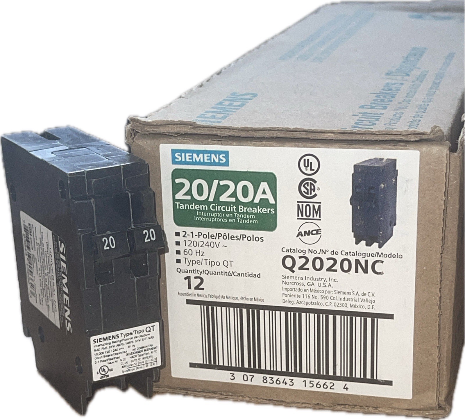 Siemens Q2020NC 20/20A Tandem Circuit Breaker Type QT Non-CTL 120/240V