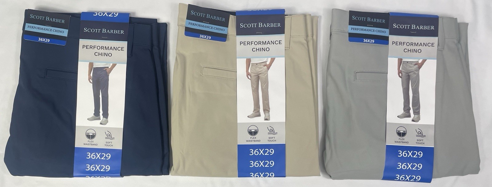 SCOTT BARBER Men\'s 36x29 Lot of 3 Performance Chino Pants Blue, Tan & Gray NWT