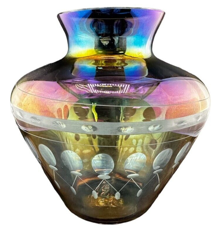 IMPERIAL GLASS SMOKE COLOR IRIDESCENT LEAD LUSTRE CUT GLASS VASE BALLOONS DECOR IMPERIAL GLASS SMOKE COLOR IRIDESCENT LEAD LUSTRE CUT GLASS VASE BALLOONS DECOR