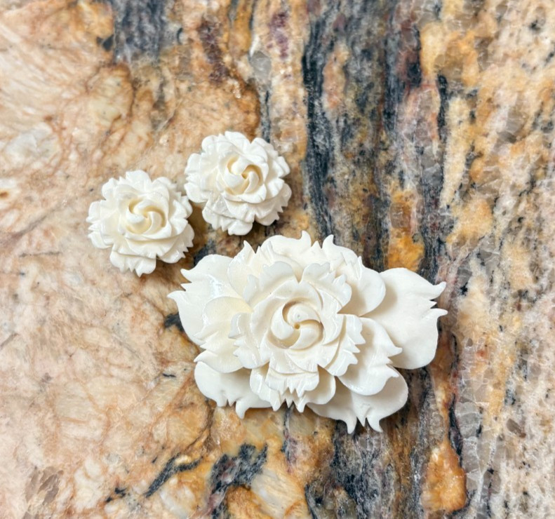 Vintage Carved Celluloid Rose Flower Brooch Pin and Clip Earrings, Cream Ivory Vintage Carved Celluloid Rose Flower Brooch Pin and Clip Earrings, Cream Ivory