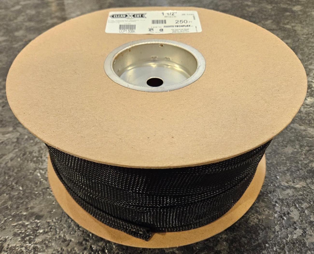TECHFLEX CLEAN CUT 250 FT 1.5 INCH BLACK EXPANDABLE BRAIDED SLEEVING CCP1.50BK