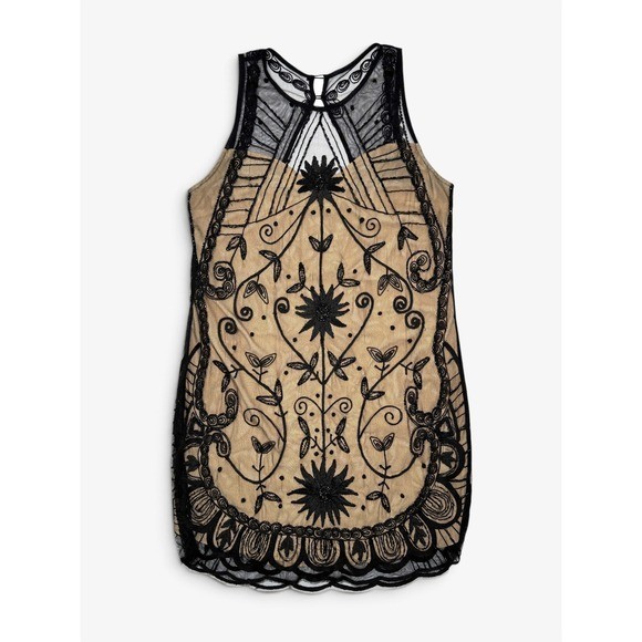 Abercrombie & Fitch Beaded Mesh Mini Dress S Nude Black Art Deco Retro Cocktail