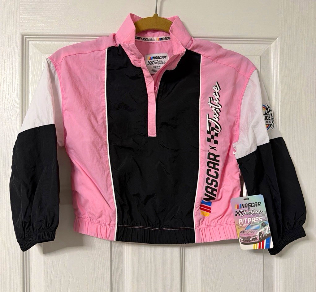 NWT Justice NASCAR Colorblock Half Zip Windbreaker Jacket Girls XS Pink NWT Justice NASCAR Colorblock Half Zip Windbreaker Jacket Girls XS Pink