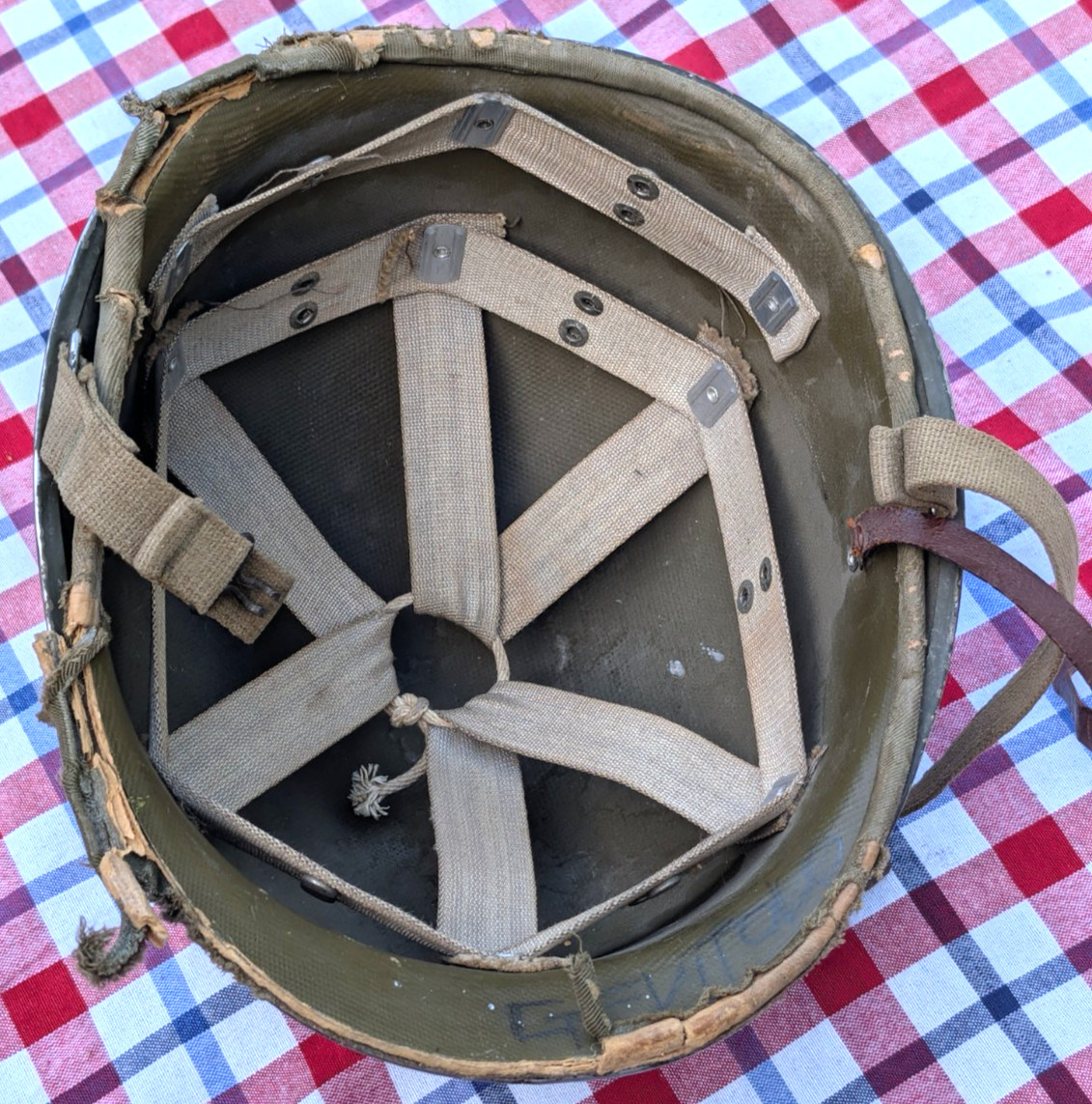WWII M1 Helmet Fixed Bale w Hawley General Fiber Liner, front seam Original 1941
